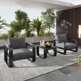 GO 3-pieces Aluminum Frame Patio Furniture With 6.7" Thick Cushion And Coffee Table, All Weather Use Olefin fabric Outdoor Chair, Gray And Black